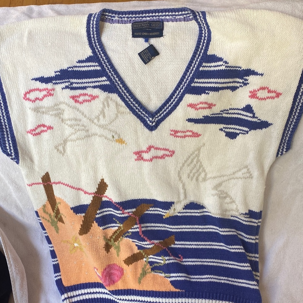 Vintage V-Neck knitSweater with Nautical grannie core cottage core